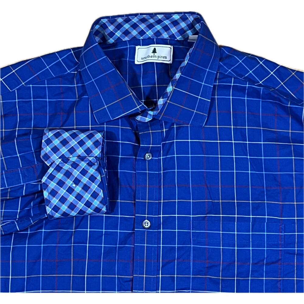 Southern Pines Windowpane Blue Beige Flip‎ Cuff Long Sleeve Button Down Mens XXL